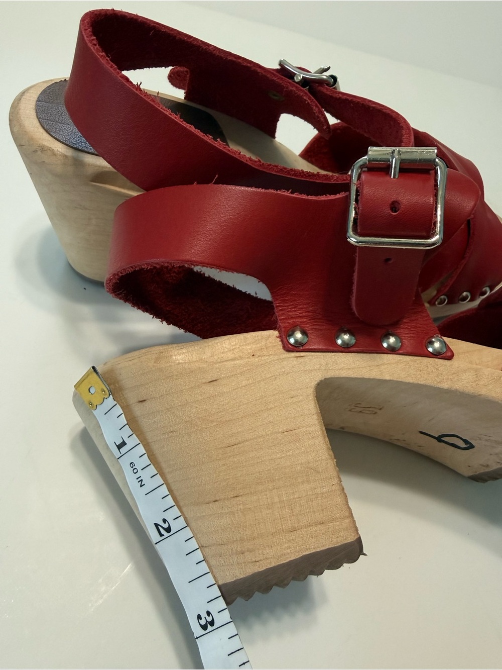 Mia Gertrude Red Leather Swedish Wooden Clog Sandals Open Toe Ankle Strap Sz 39 - Picture 15 of 16